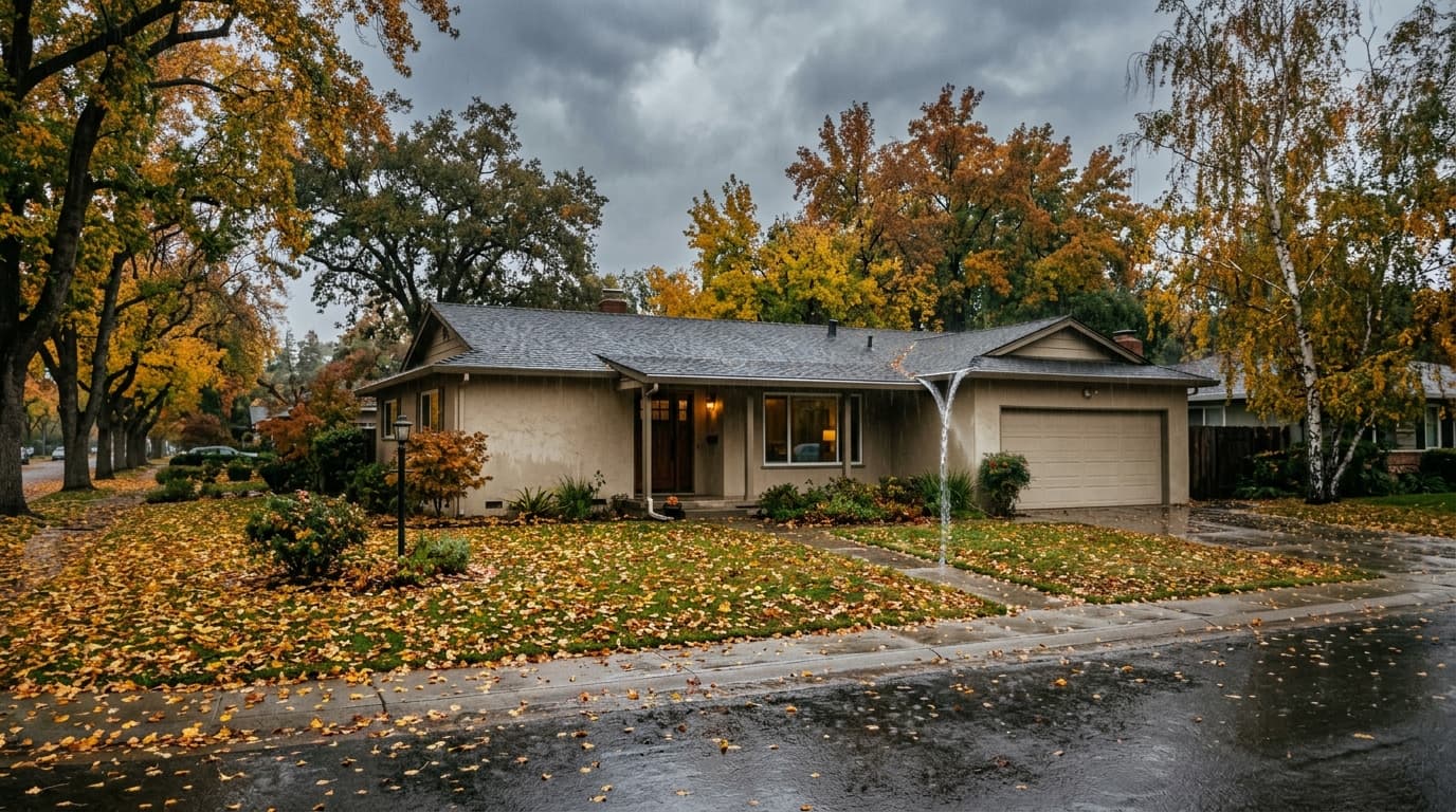 Sacramento home prepared for fall rainy season with clean rain gutters