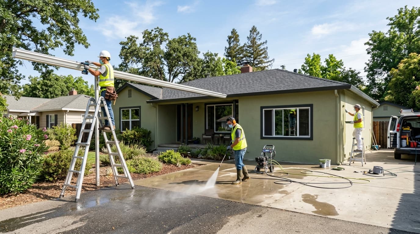 Sacramento multi-service contractor crew coordinating exterior painting, gutter installation, and handyman repairs on a single ranch home project