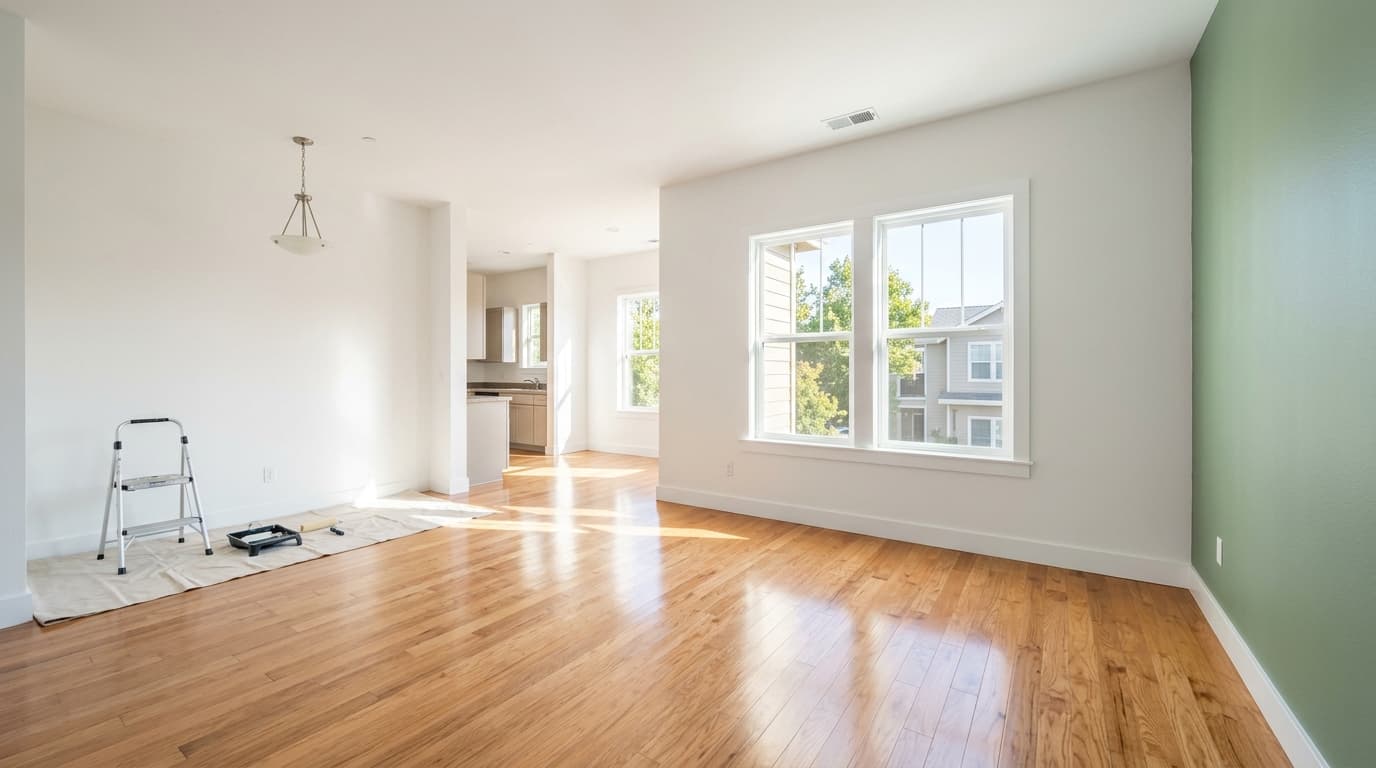 Freshly painted and cleaned Sacramento rental apartment living room ready for new tenants after a bundled turnover package covering paint, handyman, deep clean, and window cleaning